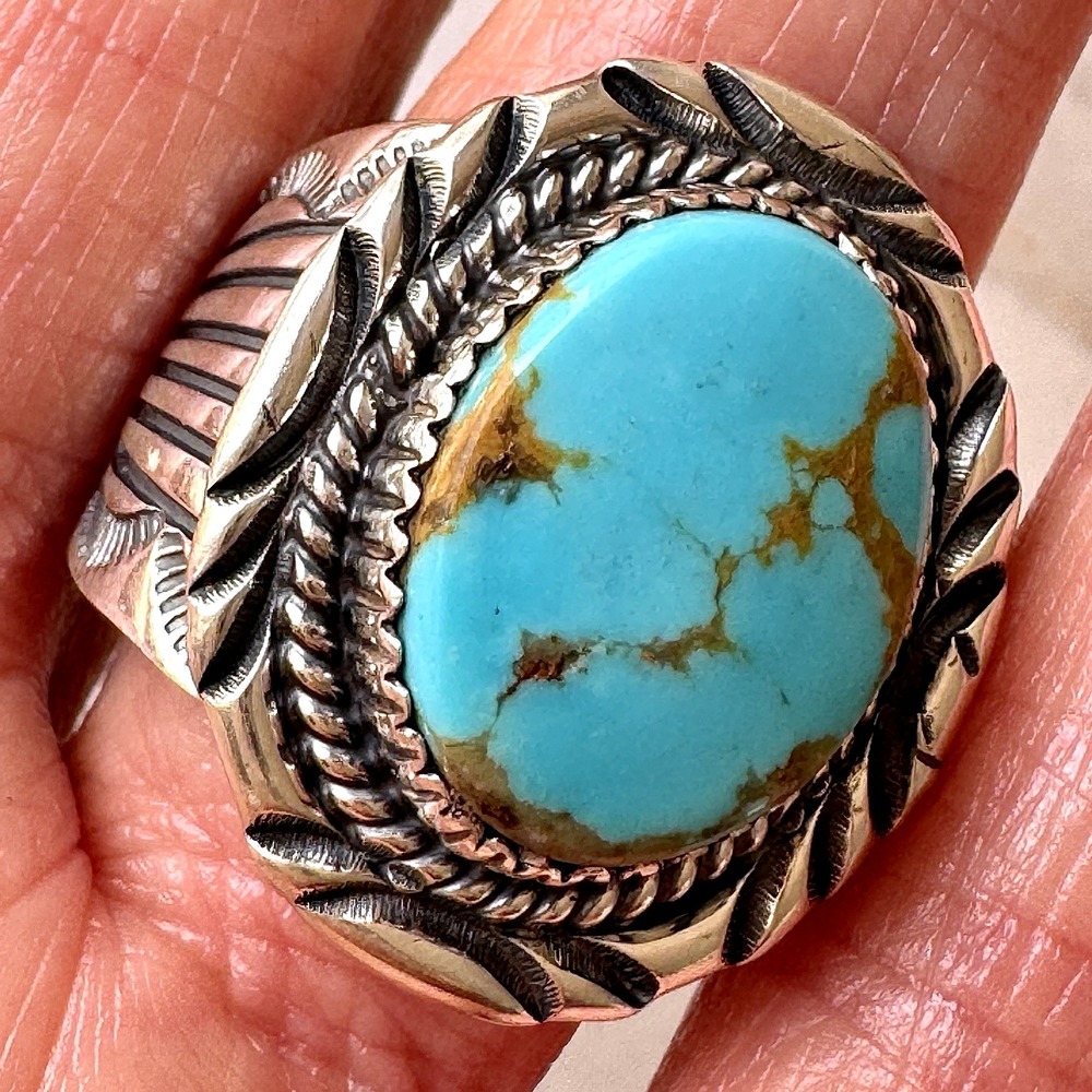 Navajo Mens Turquoise‎ Ring Sz 12 Stamped Signed Denetdale Fans Sterling Native